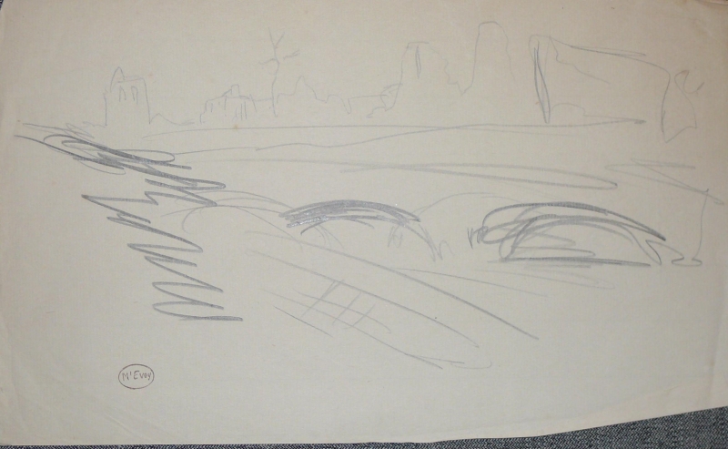Pencil sketch, Bridge in foreground destroyed buildings on skyline. DRA/400